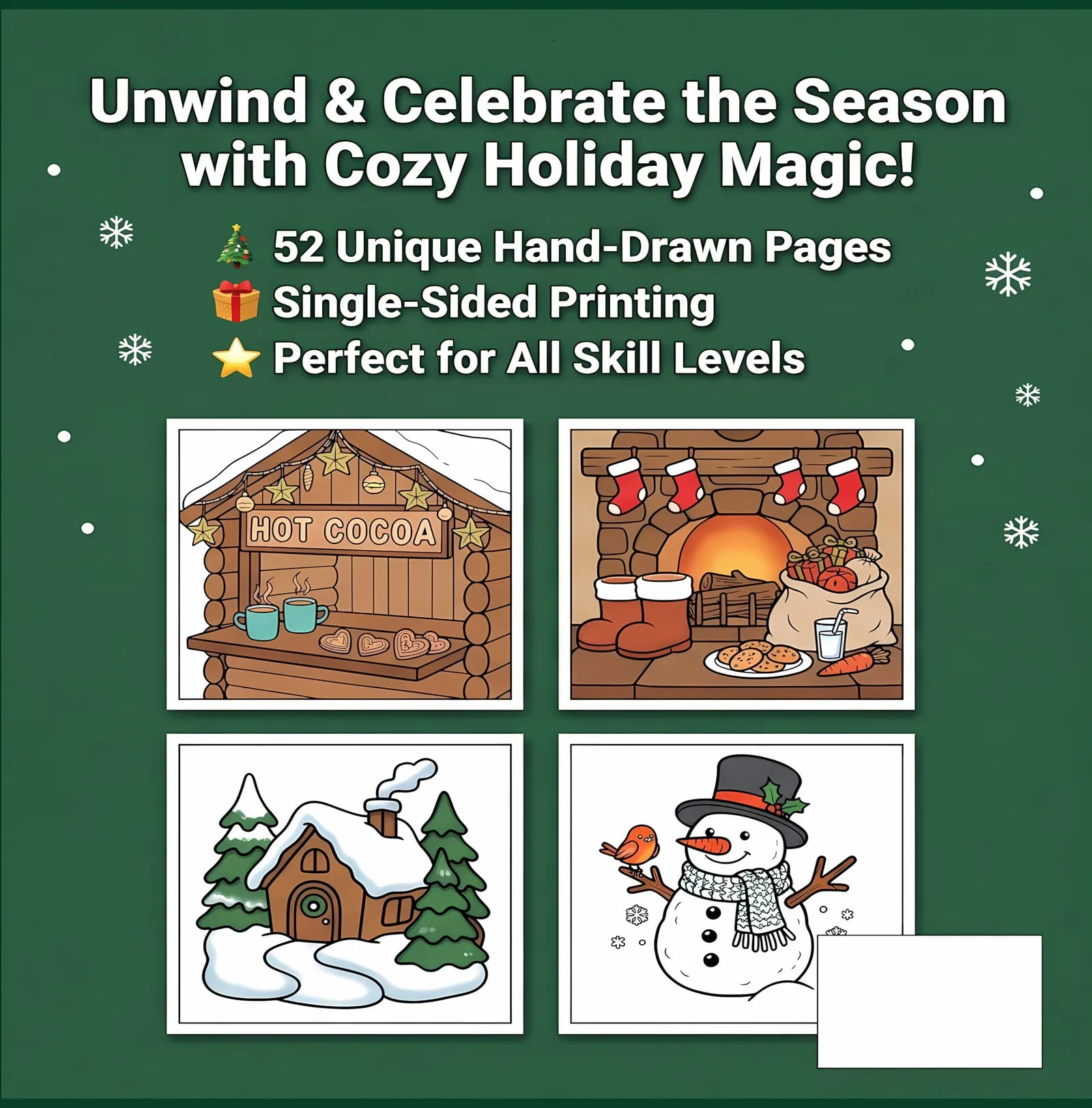 Back cover of the Christmas Coloring Book showing four sample pages