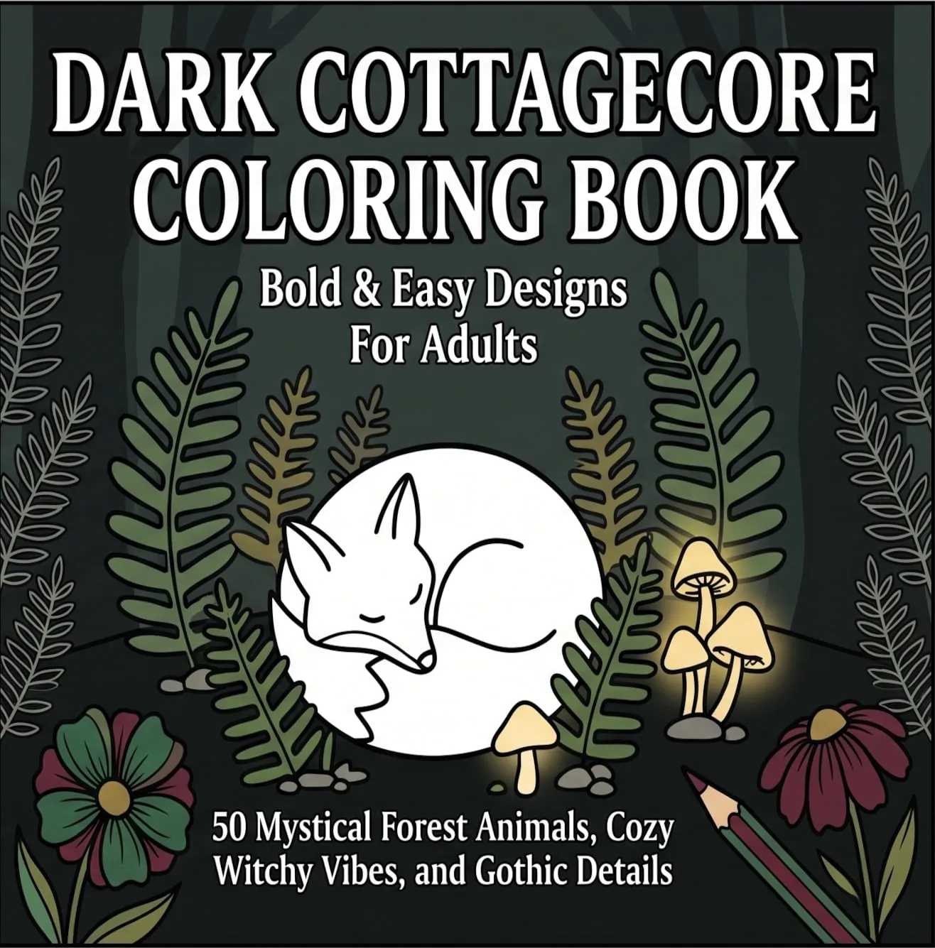 Dark Cottagecore cover: a white fox curled among dark ferns and glowing mushrooms