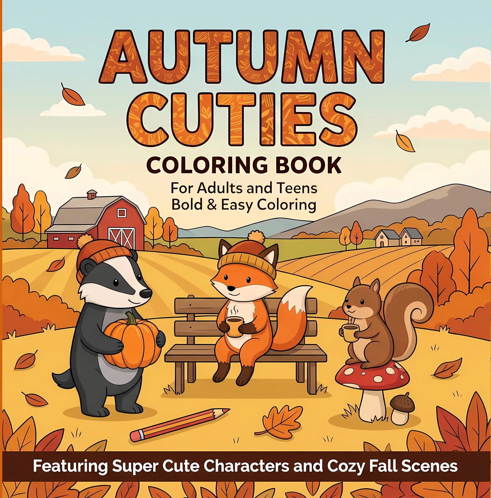 Autumn Cuties cover: a badger, a fox and a squirrel in knitted hats sitting on a bench in an autumn field
