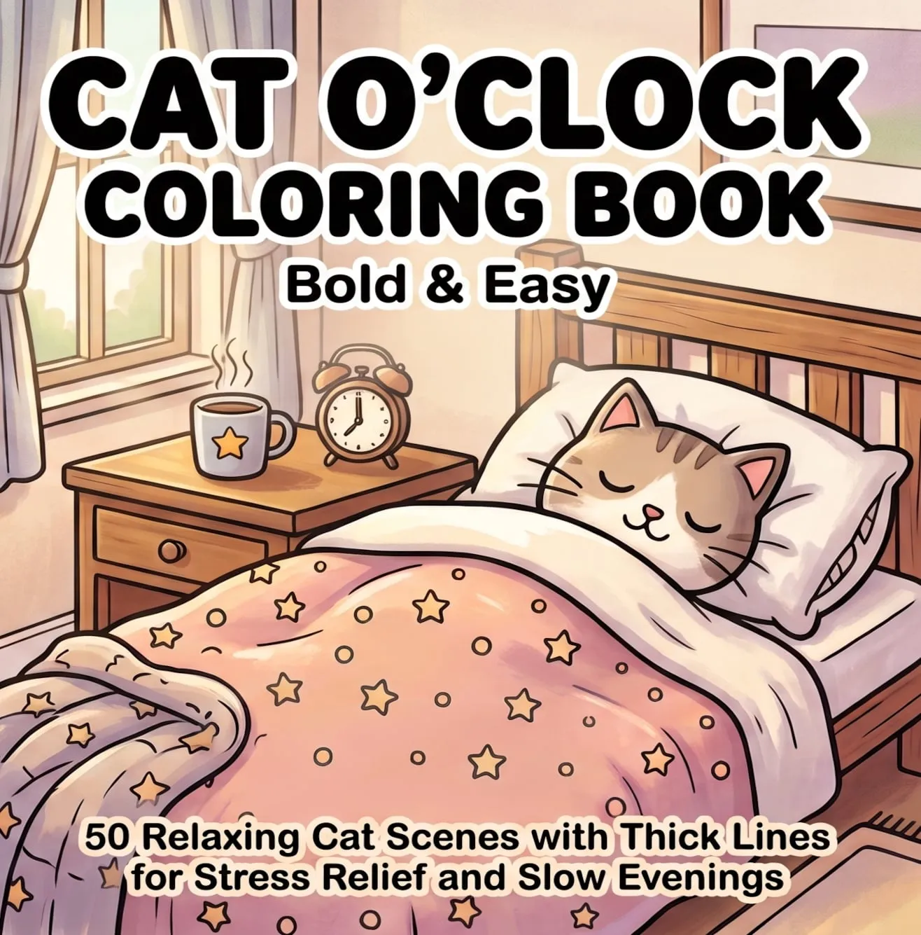 Cat O'Clock cover: a cat asleep in bed under a starry pink blanket