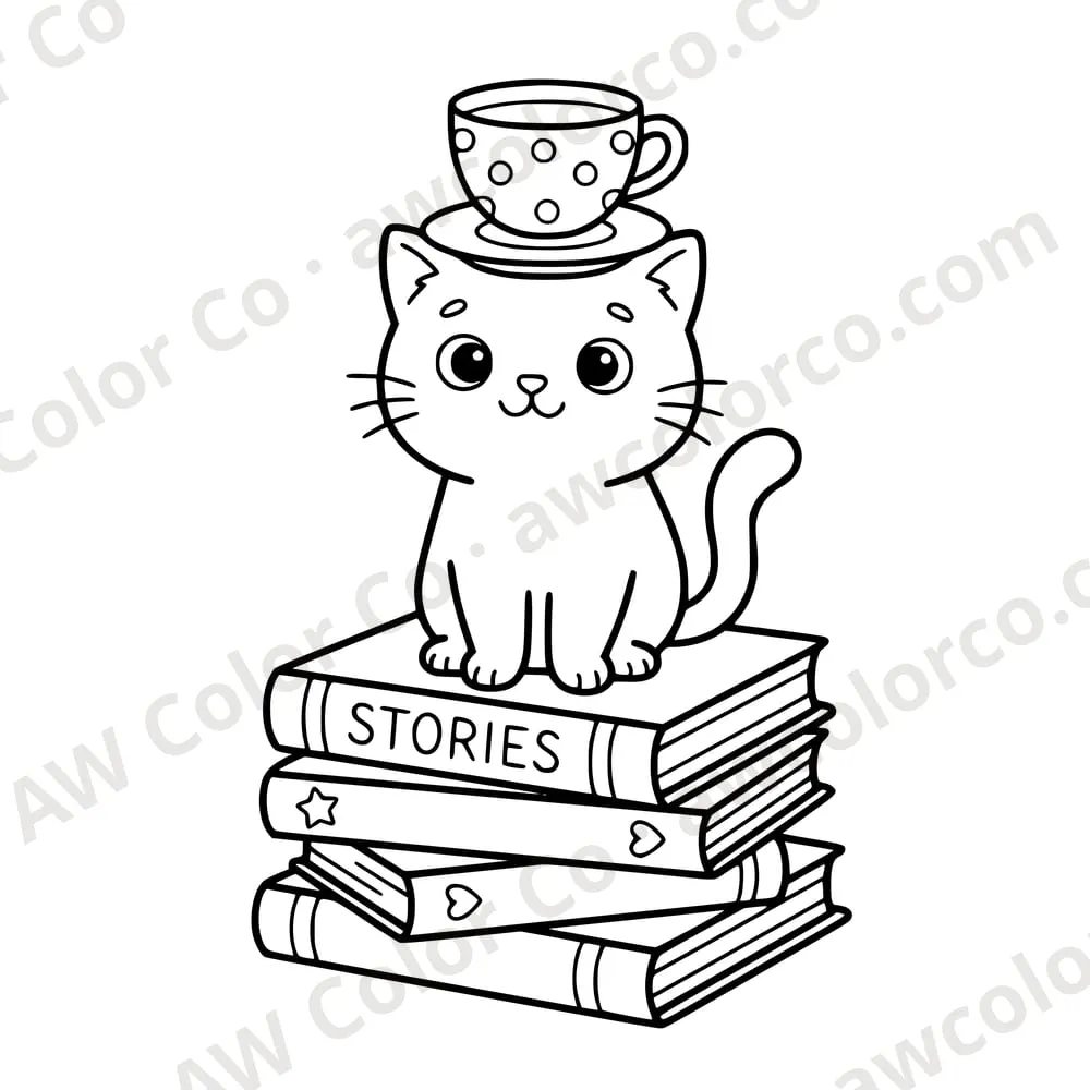 Coloring page: a cat balancing a teacup on a stack of books