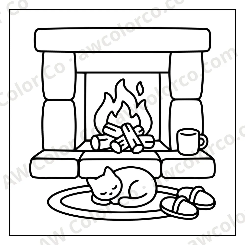 Coloring page: a cat sleeping by the fireplace