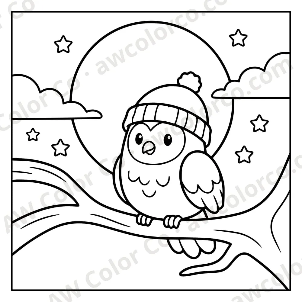Coloring page: an owl wearing a beanie on a branch