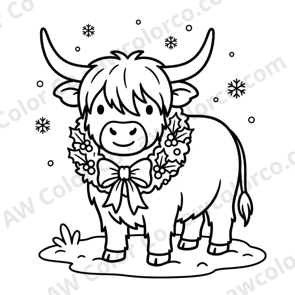 Coloring page: a Highland cow wearing a holly wreath