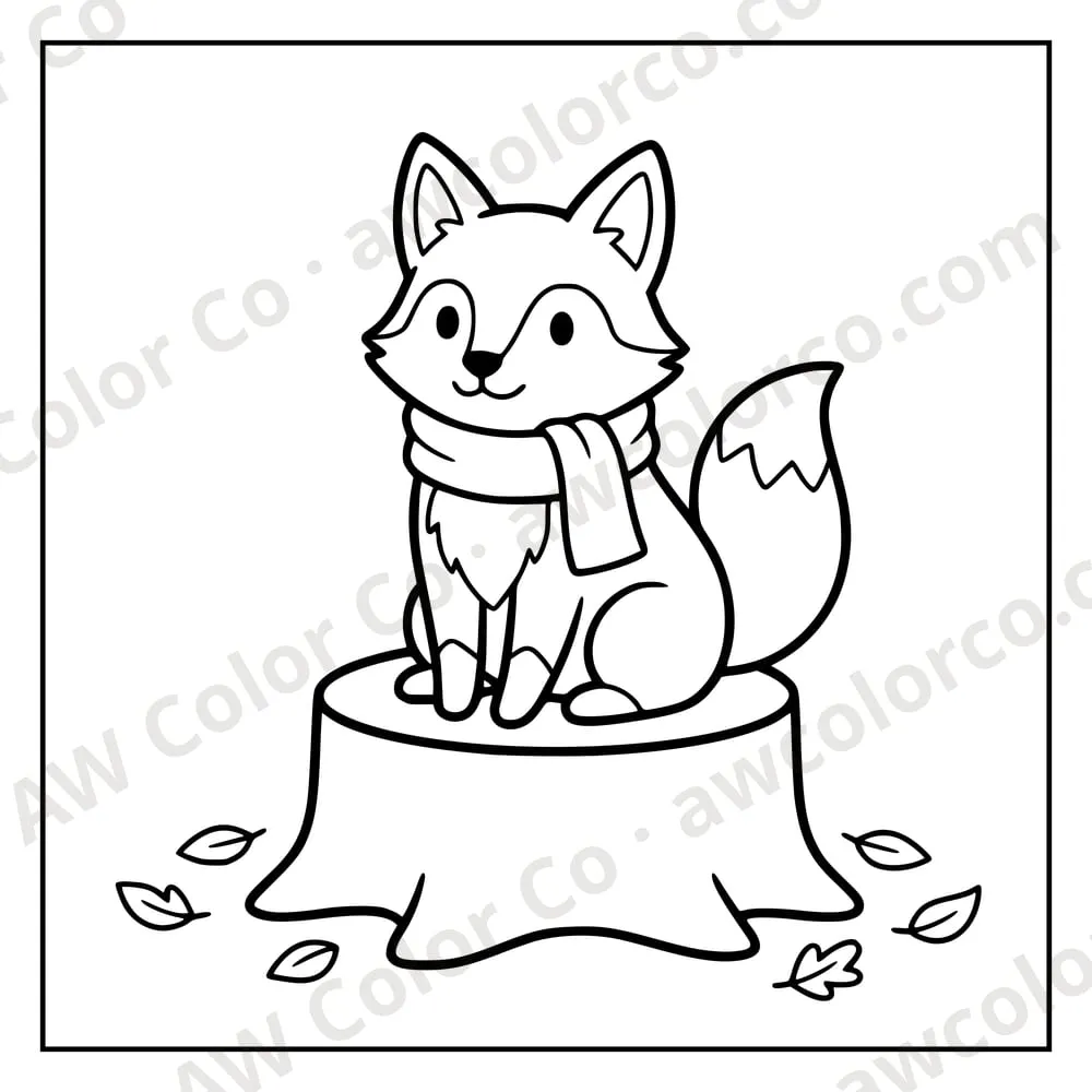 Coloring page: a fox sitting on a tree stump