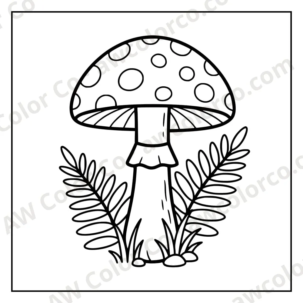 Coloring page: a fly agaric mushroom among ferns