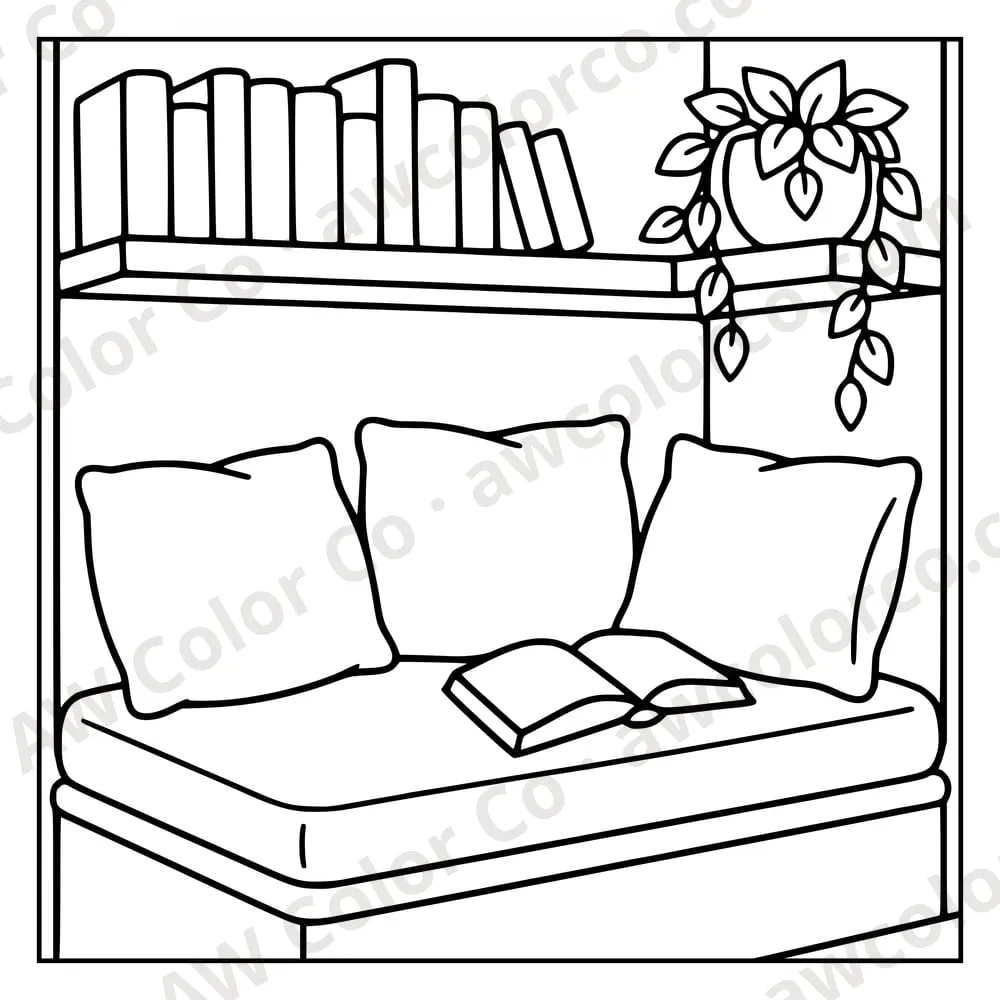 Coloring page: a reading nook