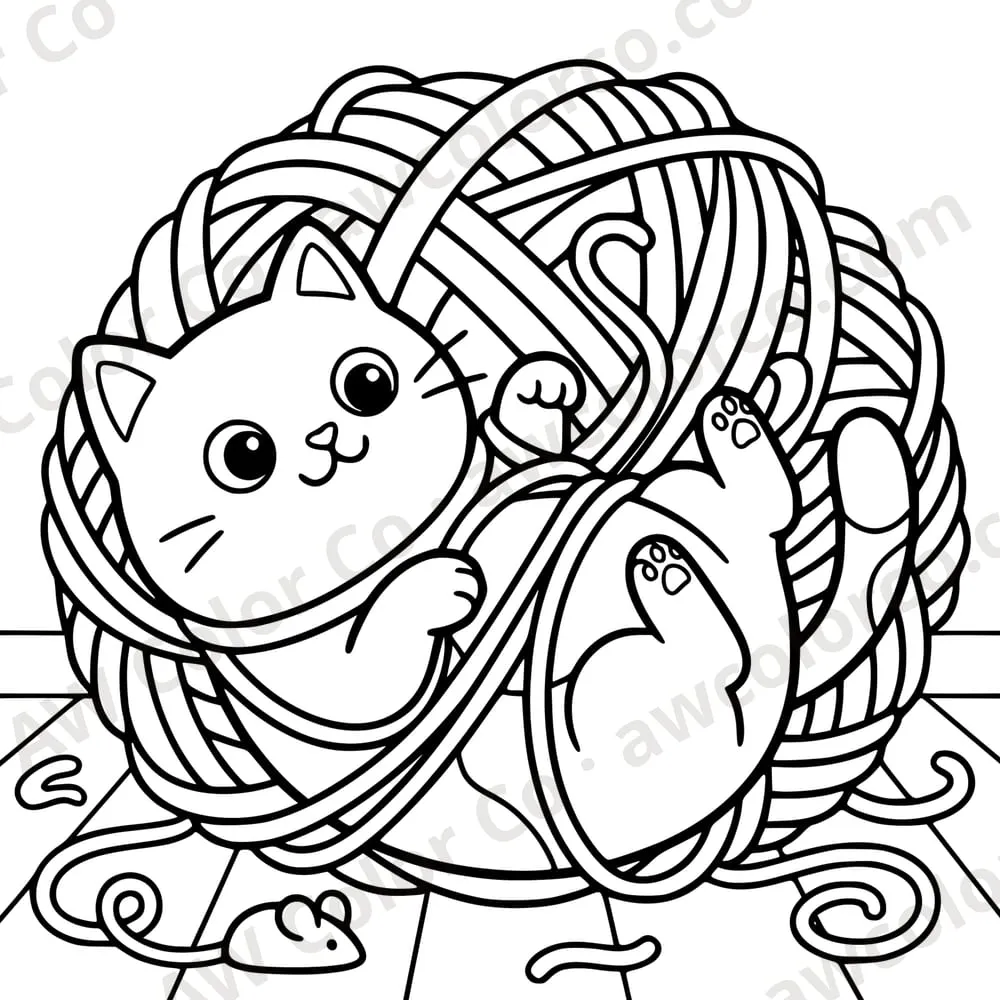 Coloring page: a cat tangled in yarn