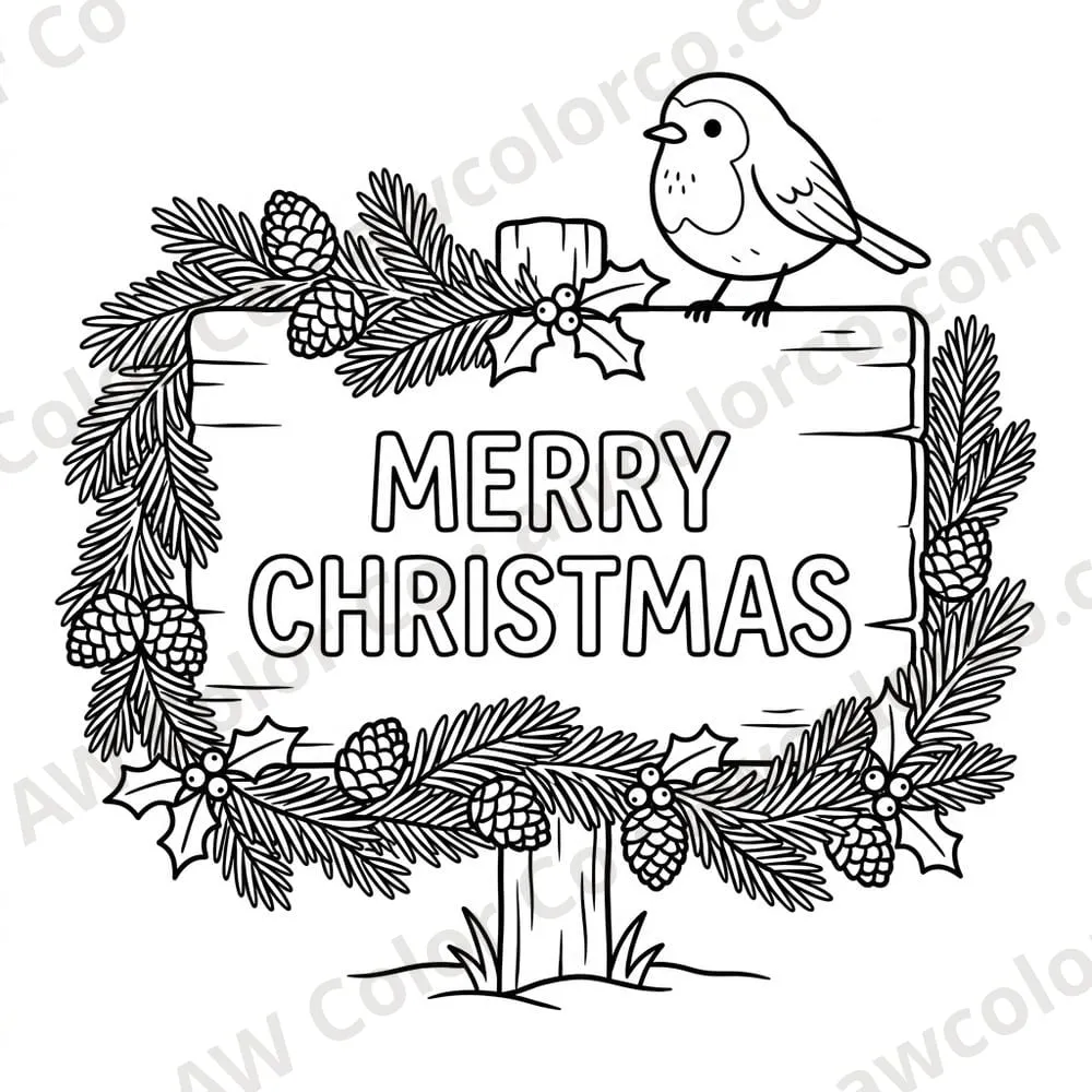 Coloring page: a robin on a Merry Christmas sign