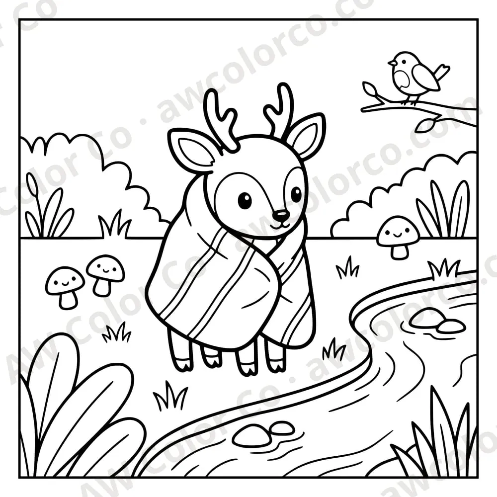 Coloring page: a deer wrapped in a blanket