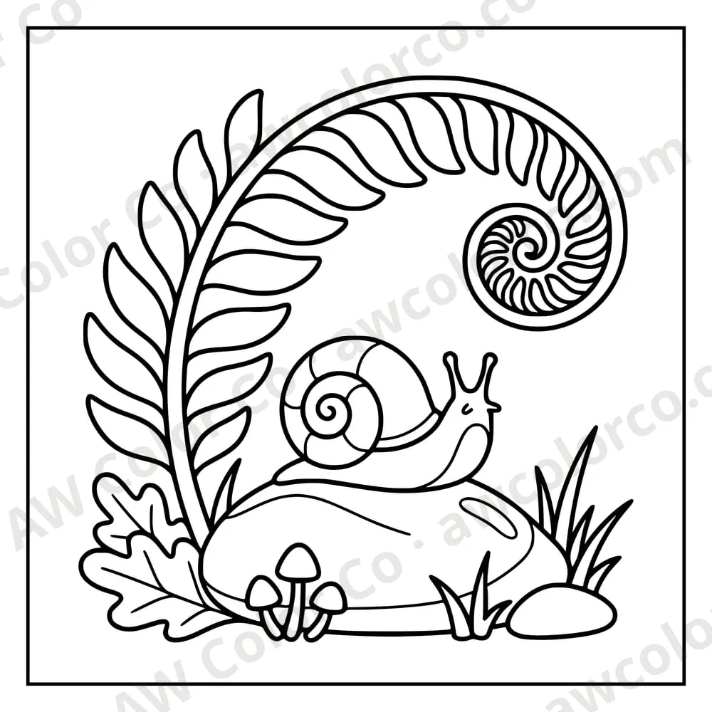 Coloring page: a fern frond arching over a snail