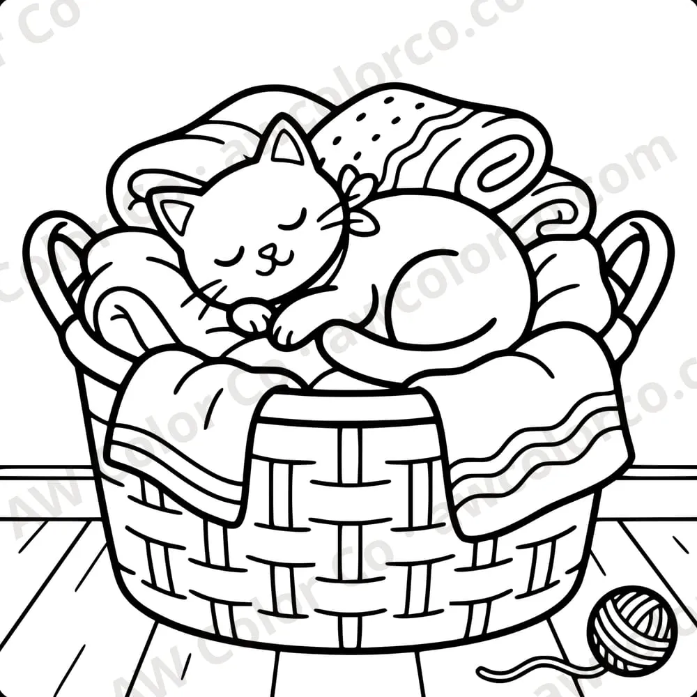 Coloring page: a cat asleep in a laundry basket