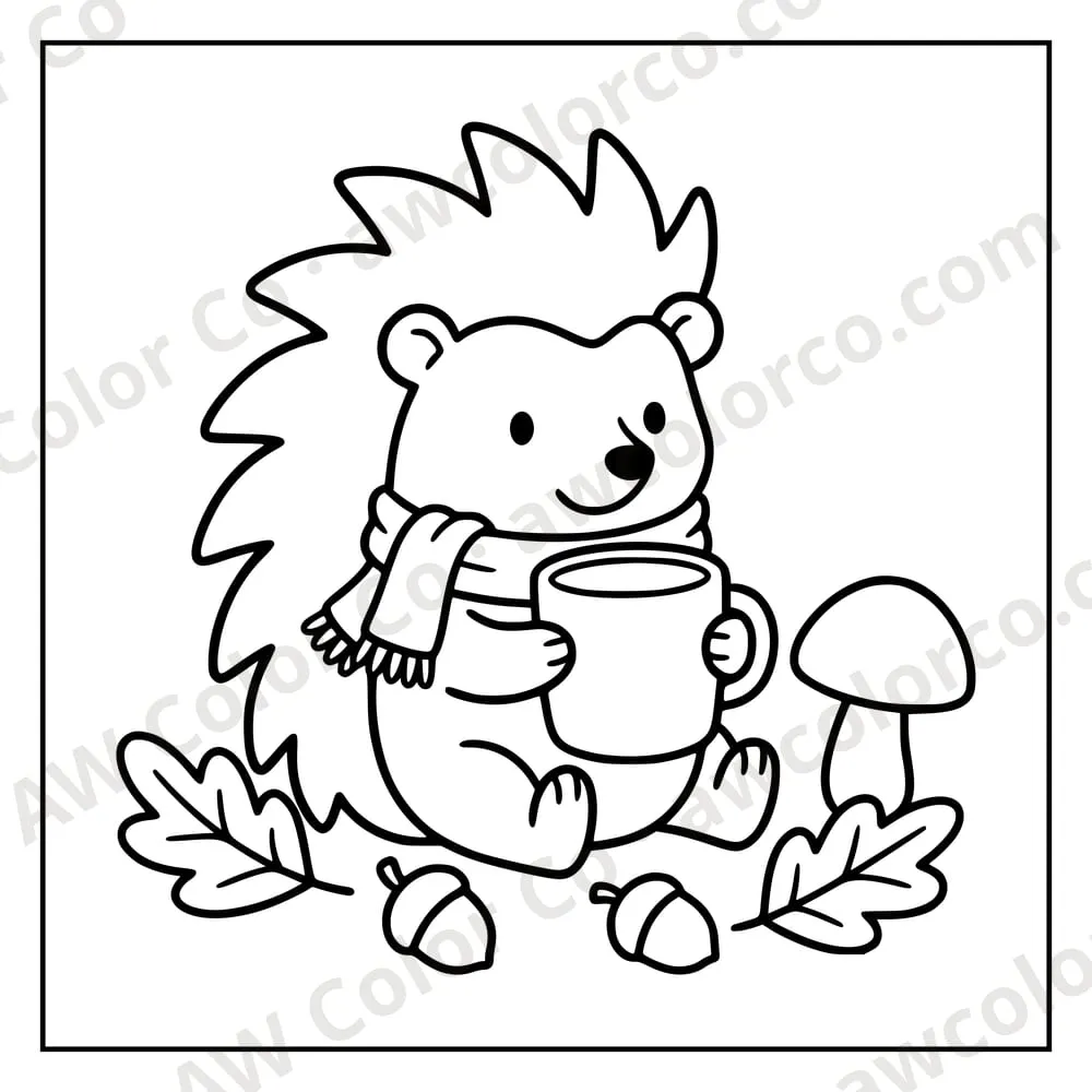 Coloring page: a hedgehog holding a mug