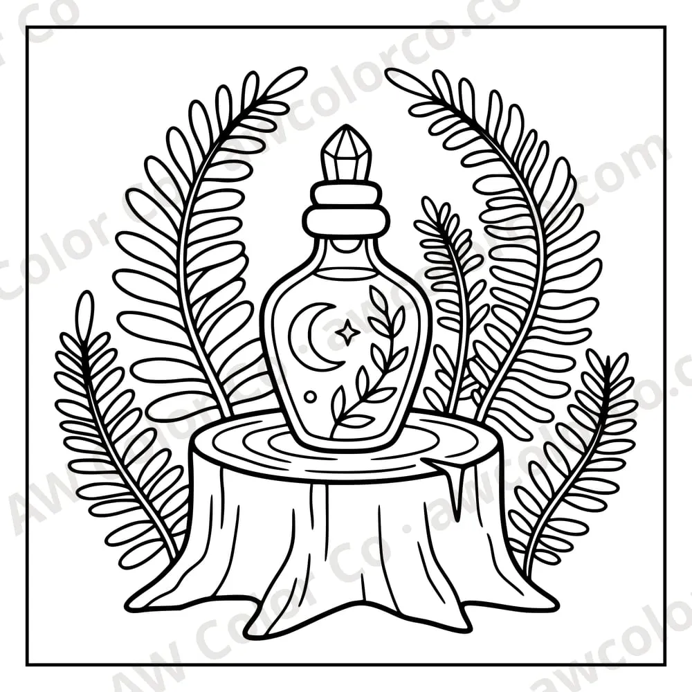 Coloring page: a potion bottle on a tree stump