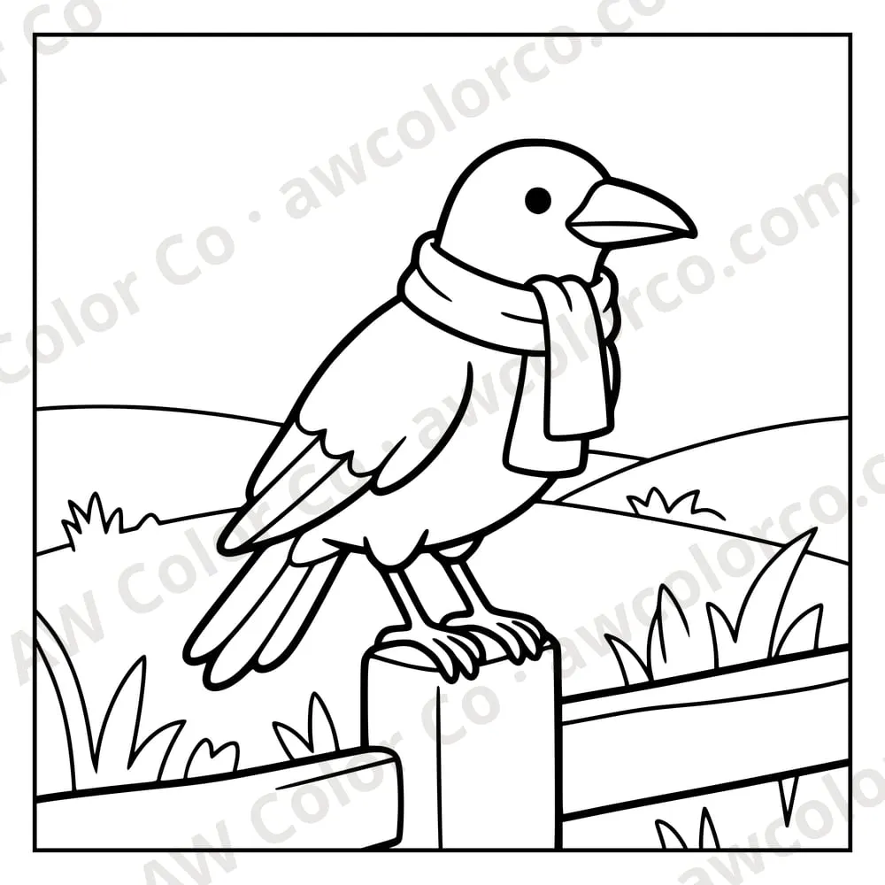 Coloring page: a crow wearing a scarf on a fence