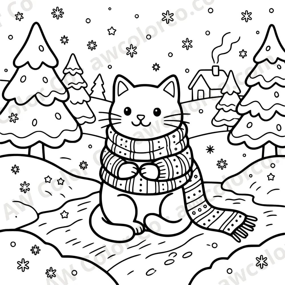 Coloring page: a cat wearing a cozy scarf