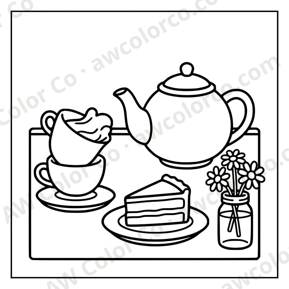 Coloring page: a teapot and cake