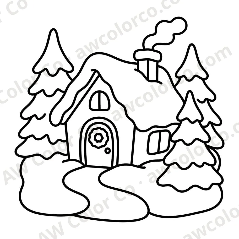 Coloring page: a snowy cottage among fir trees