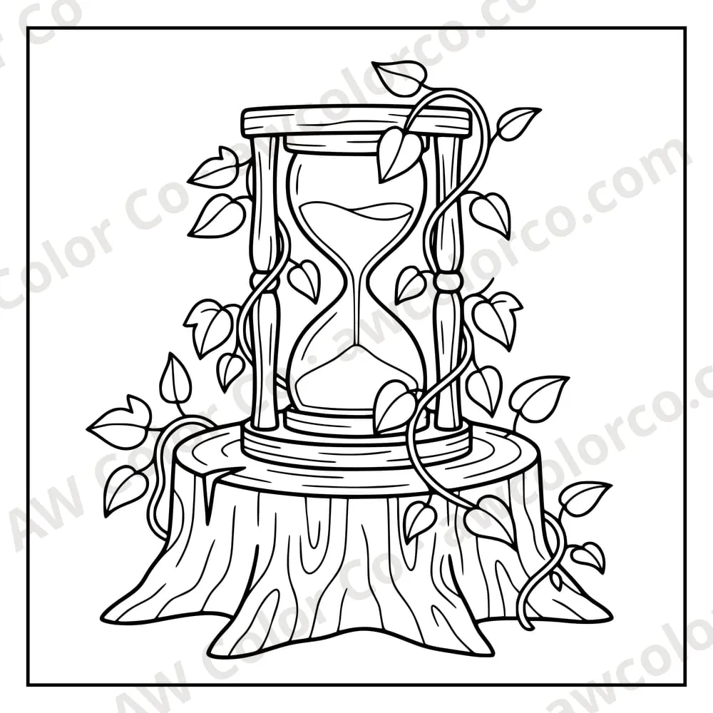 Coloring page: an hourglass on a tree stump