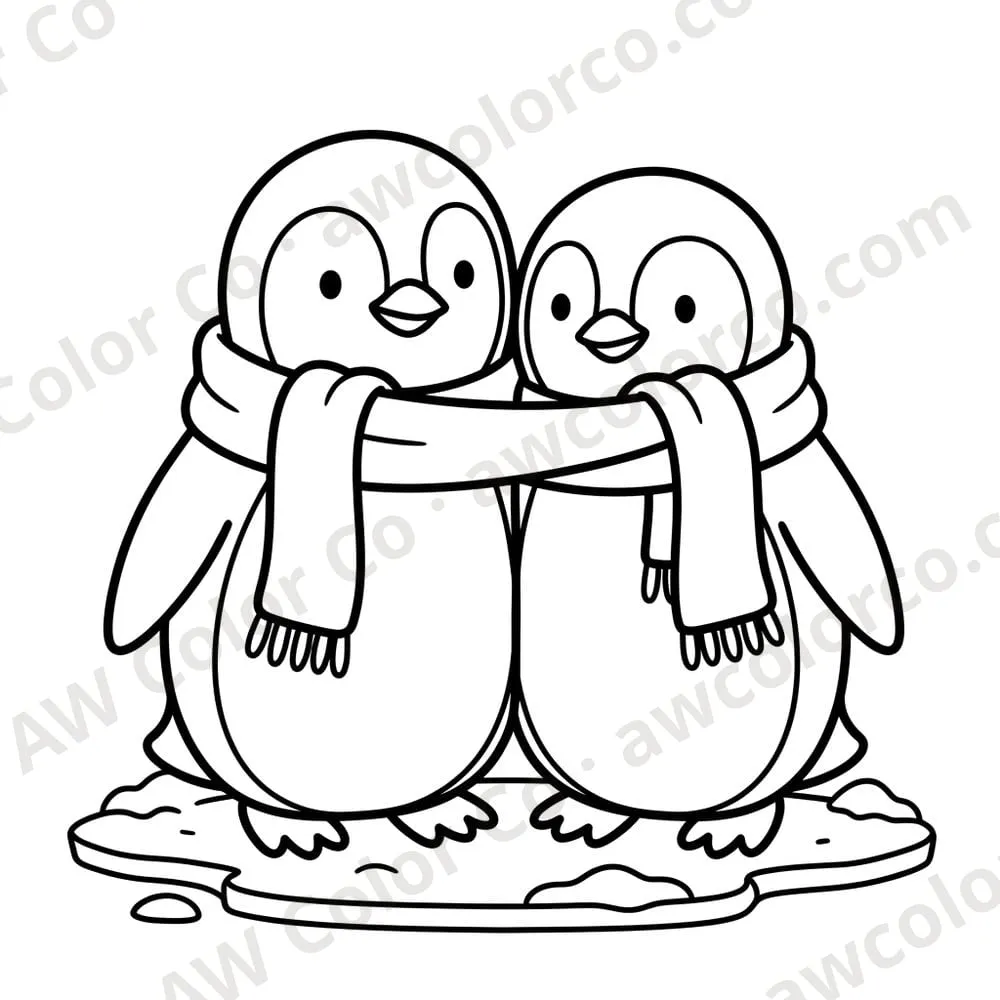 Coloring page: two penguins sharing a scarf