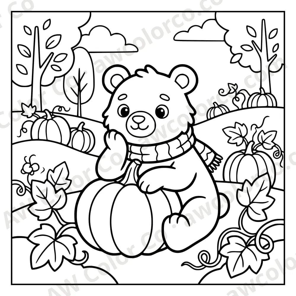 Coloring page: a cute character resting on a pumpkin