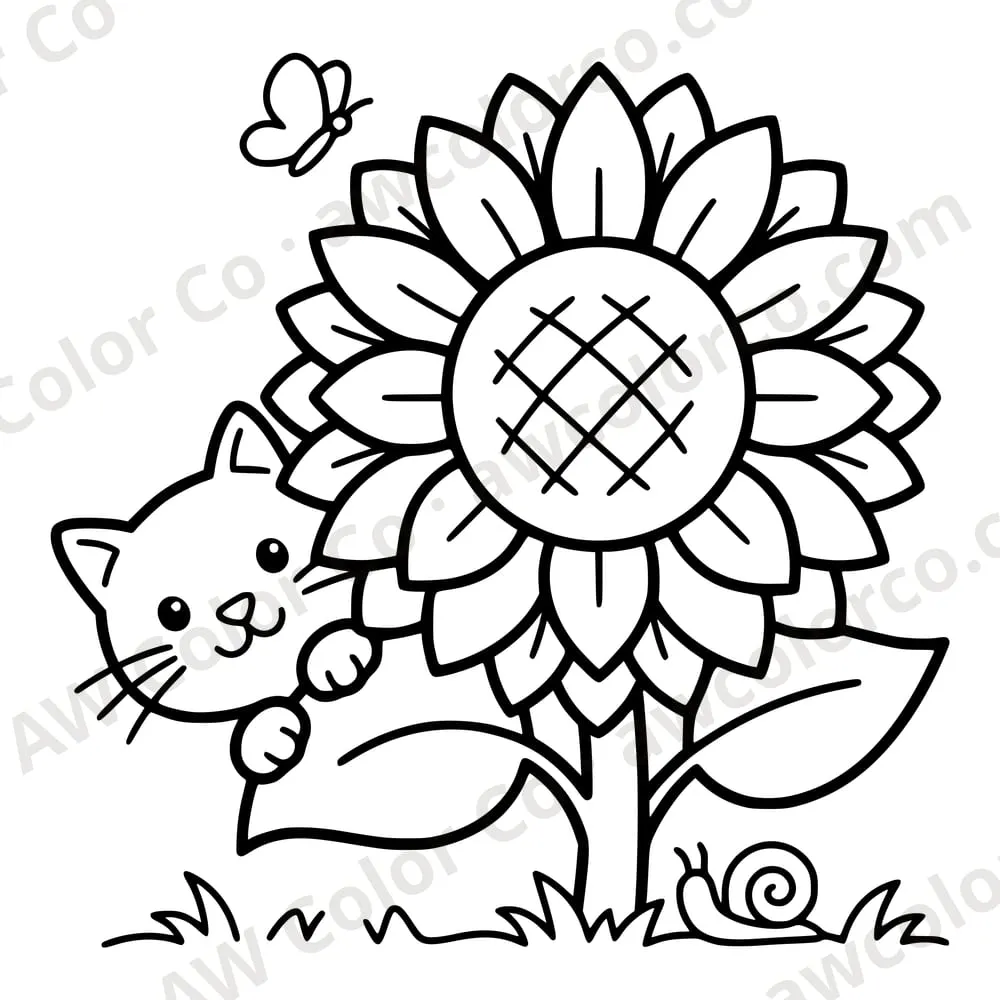 Coloring page: a cat peeking out from behind a giant sunflower