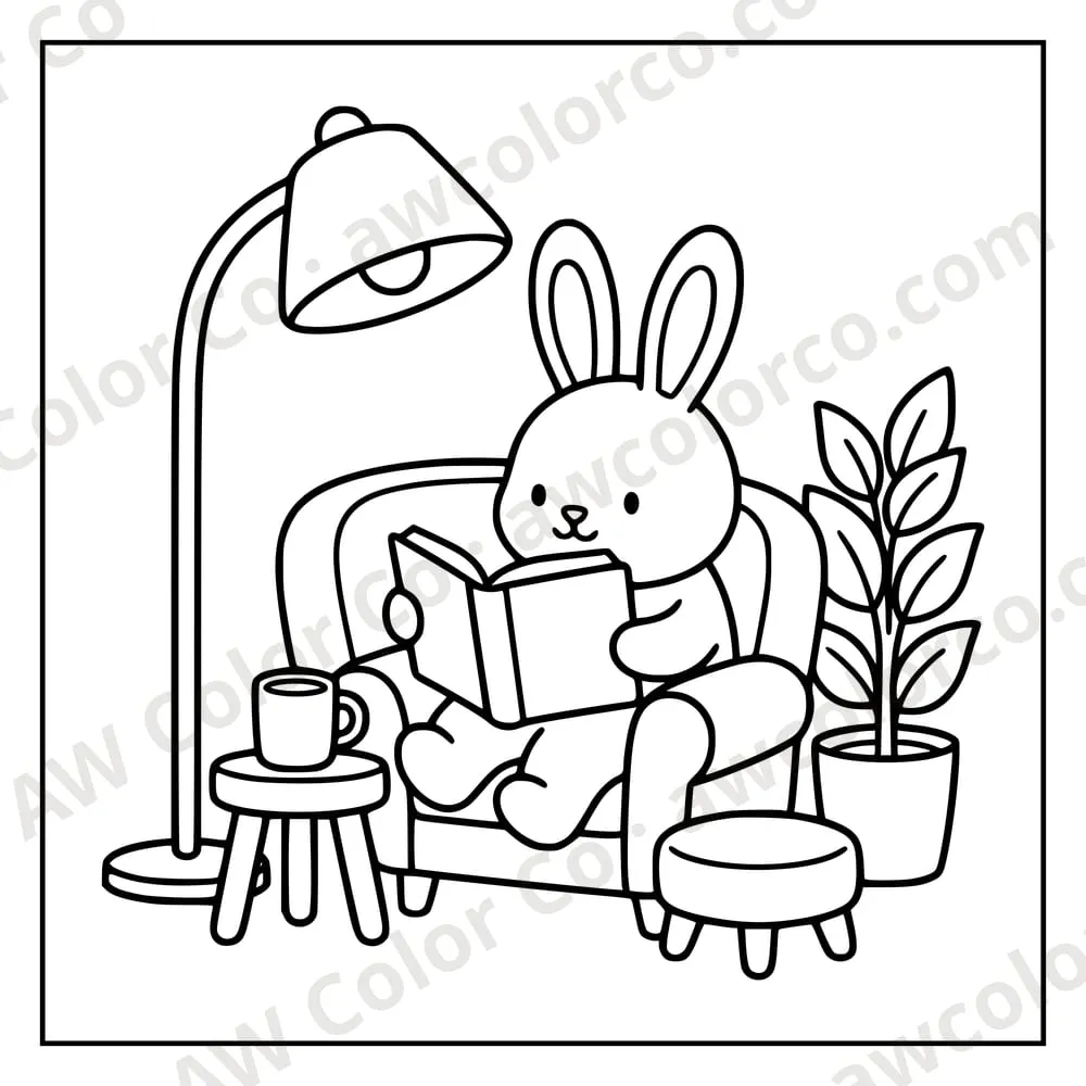 Coloring page: a rabbit reading in an armchair